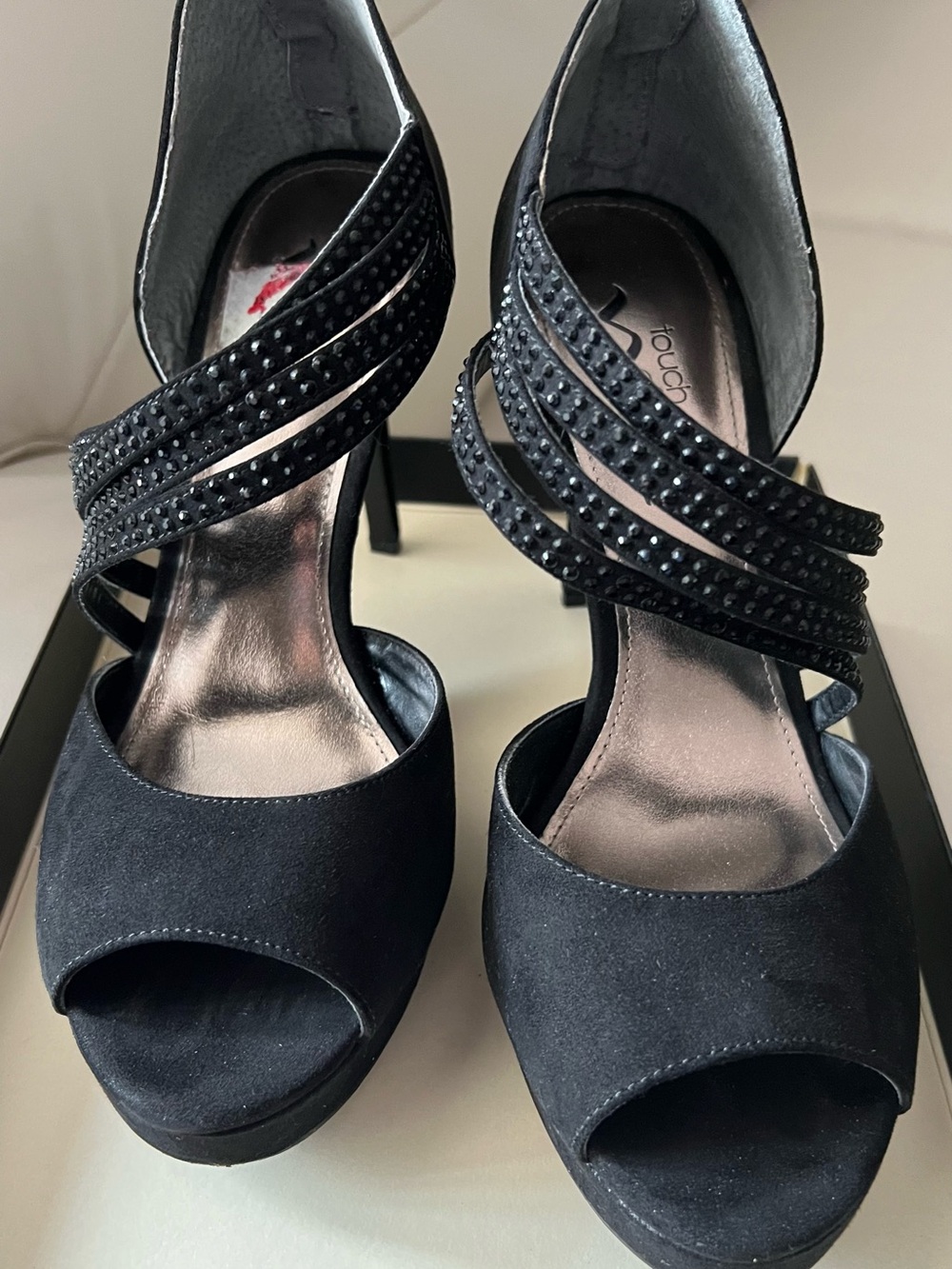 Touch of Nina Black Strappy Studded Peep-Toe Heels